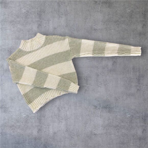 Sage & Cream Chunky Striped Knit Sweater – Mock Neck, Distressed Hem (Size M) - Picture 2 of 14